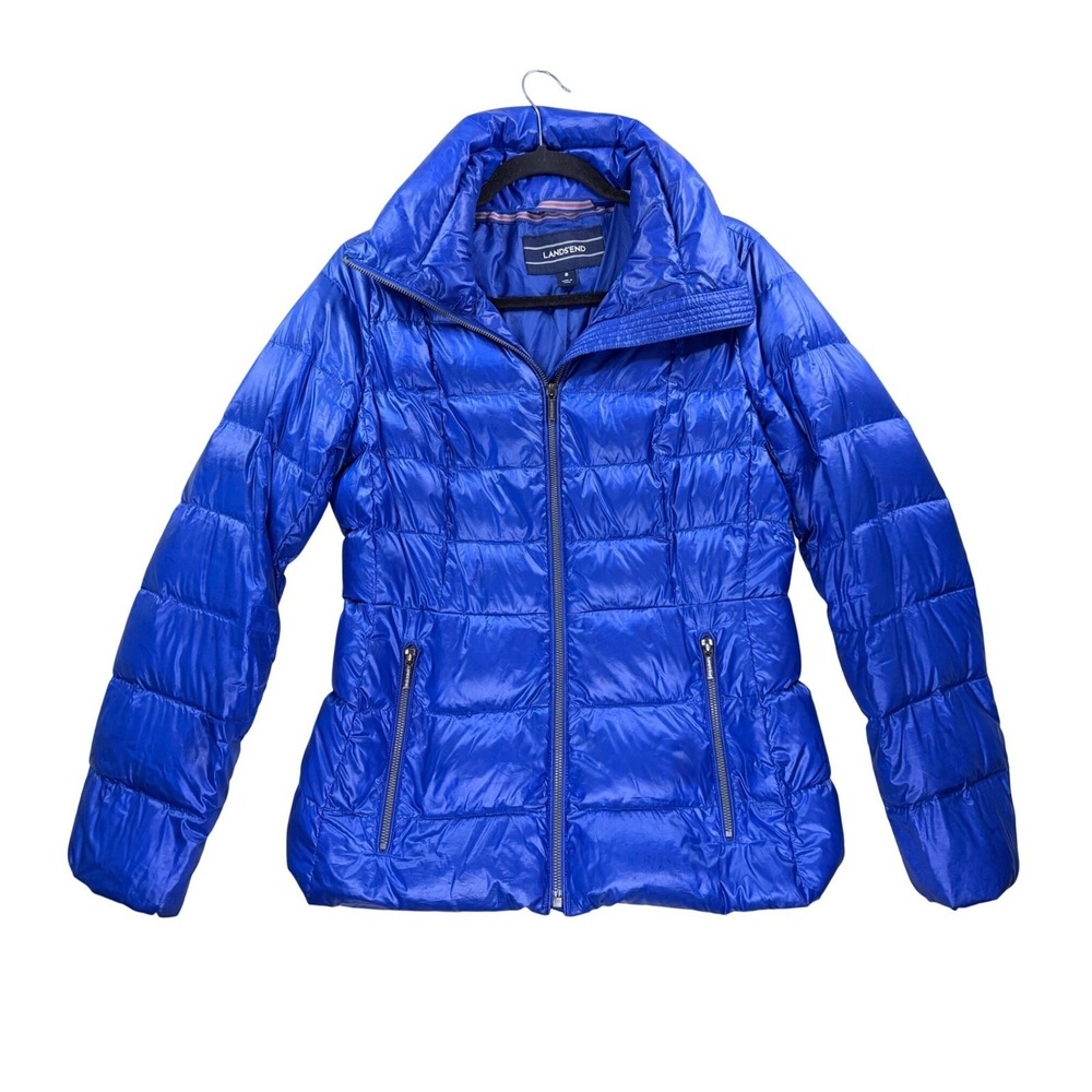 Lands' End Puffer Jacket‎ Women 8 Blue Quilted Lightweight Full Zip Winter Coat